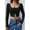 MARSiLYAN- Kadın Siyah Uzun Kollu Agraflı Göğüs ve Göbek Dekolteli Crop Top Bluz