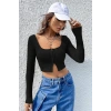 MARSiLYAN- Kadın Siyah Uzun Kollu Agraflı Göğüs ve Göbek Dekolteli Crop Top Bluz