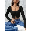 MARSiLYAN- Kadın Siyah Uzun Kollu Agraflı Göğüs ve Göbek Dekolteli Crop Top Bluz