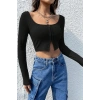 MARSiLYAN- Kadın Siyah Uzun Kollu Agraflı Göğüs ve Göbek Dekolteli Crop Top Bluz