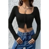MARSiLYAN- Kadın Siyah Uzun Kollu Agraflı Göğüs ve Göbek Dekolteli Crop Top Bluz
