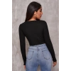 MARSiLYAN- Kadın Siyah Uzun Kollu Büzdürme Bağcık Detaylı Crop Top Bluz