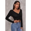 MARSiLYAN- Kadın Siyah Uzun Kollu Büzdürme Bağcık Detaylı Crop Top Bluz