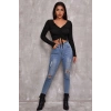 MARSiLYAN- Kadın Siyah Uzun Kollu Büzdürme Bağcık Detaylı Crop Top Bluz