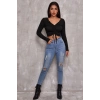 MARSiLYAN- Kadın Siyah Uzun Kollu Büzdürme Bağcık Detaylı Crop Top Bluz