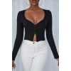 MARSiLYAN- Kadın Siyah Uzun Kollu Düğmeli Göğüs ve Göbek Dekolteli Crop Top Bluz