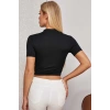MARSiLYAN- Kadın Siyah Yarım Fermuarlı ve Kısa Kollu Crop Top Bluz