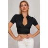 MARSiLYAN- Kadın Siyah Yarım Fermuarlı ve Kısa Kollu Crop Top Bluz