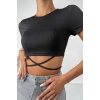 MARSiLYAN- Kadın Siyah Yarım Kol Çapraz Bağlamalı Crop Top Bluz