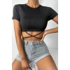 MARSiLYAN- Kadın Siyah Yarım Kol Çapraz Bağlamalı Crop Top Bluz