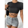 MARSiLYAN- Kadın Siyah Yarım Kol Çapraz Bağlamalı Crop Top Bluz