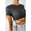 MARSiLYAN- Kadın Siyah Yarım Kol Çapraz Bağlamalı Crop Top Bluz