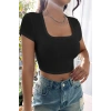 MARSiLYAN- Kadın Siyah Yarım Kol Düz Yaka Crop Top Bluz