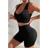 MARSiLYAN- Kadın Siyah Yüksek Bel Çapraz Sırt Detaylı Şortlu Gecelik Takım