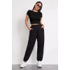 MARSiLYAN- Kadın Siyah Yuvarlak Yaka Yarım Kol Crop Top Bluz