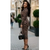 MARSiLYAN- Kadın Uzun Kollu Balıkçı Yaka Leopar Desenli Midi Boy Elbise