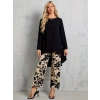 MARSiLYAN- Kadın Uzun Kollu Bisiklet Yaka Asimetrik Kesim Detaylı Viskon Bluz Ve çiçek Desenli Iki Iplik Pantolon