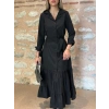 MARSiLYAN- Kadın Uzun Kollu Eteği Fırfırlı Beli Kuşaklı Trikoton Tam Boy Gömlek Elbise