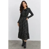 MARSiLYAN- Kadın Uzun Kollu Yakası Bağcıklı Uzun Puantiyeli Krep Maxi Elbise