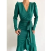 MARSiLYAN- Kadın Yeşil Krep Kumaş Midi Boy Kuşaklı Uzunkol Elbise