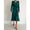 MARSiLYAN- Kadın Yeşil Krep Kumaş Midi Boy Kuşaklı Uzunkol Elbise