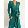 MARSiLYAN- Kadın Yeşil Krep Kumaş Midi Boy Kuşaklı Uzunkol Elbise