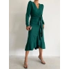 MARSiLYAN- Kadın Yeşil Krep Kumaş Midi Boy Kuşaklı Uzunkol Elbise