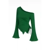 MARSiLYAN- Kadın Yeşil Uzun İspanyol Kollu Asimetirik Yaka Yandan Bağlamalı Drapeli Bluz