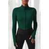 MARSiLYAN- Kadın Yeşil Uzun Kol Fermuarlı Parmak Geçme Detaylı Dik Yaka Crop Top Bluz