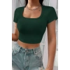 MARSiLYAN- Kadın Yeşil Yarım Kol Düz Yaka Crop Top Bluz