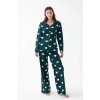 MARSiLYAN- Kadın Zümrüt Yeşili Kalp Desenli Düğmeli Pamuklu Pijama Takımı