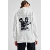 MARSiLYAN- Kapüşonlu Sırt Baskılı Üç İplik Oversize Sweatshirt - Beyaz