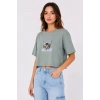 MARSiLYAN- Kedi Baskılı Oversize Crop Tişört Salaş Basic Yarım Kol T-shirt - Mint Yeşili