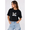 MARSiLYAN- Kedi Baskılı Oversize Crop Tişört Salaş Basic Yarım Kol T-shirt - Siyah