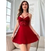 MARSiLYAN-  Kırmızı Dantel İşlemeli İnce Askılı Göğüs Dekolteli Saten Mini Fantezi Gecelik
