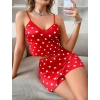 MARSiLYAN-  Kırmızı Üstüne Beyaz Kalp Desenli İnce Askılı Şortlu Pijama Takımı