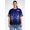 MARSiLYAN- Lacivert Oversize Tişört Dragon - Kuru Kafa Baskılı Bisiklet Yaka T-Shirt - Lacivert