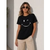 MARSiLYAN- Minimal Gülümseyen Yüz Baskılı Tişört Kısa Kol Yazlık T-Shirt - Siyah
