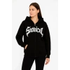 MARSiLYAN- Oversize Kapüşonlu Sweatshirt  Hoodie 3 İplik Şardonlu Pamuklu Kumaş, Önü Baskılı, Fermuarlı Rahat Kalıp, Kışlık Ve Sokak Stili Sweat - Siyah