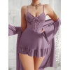 MARSiLYAN-  Özel Tasarım Dantel İşlemeli Fırfırlı Sabahlıklı 2li Mor Gecelik Takımı