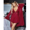 MARSiLYAN-  Özel Tasarım Dantel İşlemeli Göğüs Dekolteli Sabahlıklı Bordo 2li Tül Gecelik Takımı