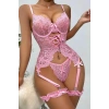MARSiLYAN-  Özel Tasarım Dantelli Fantezi Pembe Jartiyer Takımı