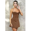 MARSiLYAN-  Özel Tasarım İnce Askılı Sırt Dekolteli Kahverengi Mini Saten Gecelik