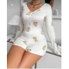 MARSiLYAN-  Pamuklu Beyaz Ayıcık Desenli Düğmeli Uzun Kol Tulum Pijama