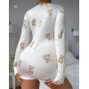 MARSiLYAN-  Pamuklu Beyaz Ayıcık Desenli Düğmeli Uzun Kol Tulum Pijama
