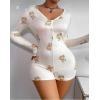 MARSiLYAN- Pamuklu Beyaz Ayıcık Desenli Düğmeli Uzun Kol Tulum Pijama