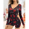 MARSiLYAN- Pamuklu Kırmızı Ruj Desenli Düğmeli Uzun Kol Tulum Pijama
