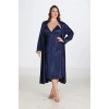 MARSiLYAN-  Premium Büyük Beden Saten Lacivert Uzun 2li Gecelik Sabahlık Takımı Bigsize