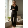 MARSiLYAN- Premium Kadın Fitilli Pijama Takımı – Siyah Gold Biye Detaylı, Yumuşak Dokulu Ev Şıklığı