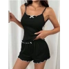 MARSiLYAN-  Siyah Beyaz Kurdelalı Askılı Şortlu Pijama Takımı